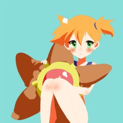 1girl asymmetrical_hair bikini blue_bikini blush cowboy_shot creatures_(company) female_focus game_freak gen_1_pokemon green_eyes gym_leader hair_between_eyes hair_tie holding hug looking_at_viewer misty_(pokemon) nintendo open_mouth orange_hair pokemon pokemon_frlg ponytail samu_(sayo0526) short_hair side_ponytail simple_background smile solo staryu swimsuit