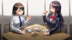3boys 4girls black_hair blush cake closed_eyes cup food giant giantess highres in_container kuroihassan long_hair mini_person minigirl multiple_boys multiple_girls office_lady plate short_hair smile tea teacup vore