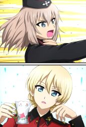 Rule 34 | 2girls, black hat, black jacket, blonde hair, blue eyes, braid, commentary, cup, darjeeling (girls und panzer), garrison cap, girls und panzer, girls und panzer saishuushou, grey hair, hand on own neck, hat, highres, holding, holding cup, insignia, itsumi erika, jacket, kuromorimine military uniform, long sleeves, looking at viewer, looking to the side, medium hair, military hat, military uniform, motion lines, multiple girls, omachi (slabco), open mouth, red jacket, short hair, st. gloriana&#039;s military uniform, teacup, textless version, throat microphone, twin braids