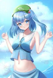 1girl absurdres adapted_costume armpits artist_name beach blue_eyes blue_hair blue_shirt blue_skirt blue_sky breasts cloud commentary_request crop_top green_hat hair_bobbles hair_ornament hat highres hyakuya_iori kawashiro_nitori midriff navel parted_lips shirt sideboob signature skirt sky sleeveless sleeveless_shirt solo stomach touhou twitter_username w_arms
