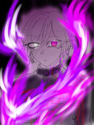 1boy black_background fire hair_between_eyes heterochromia highres looking_at_viewer male_focus pink_eyes purple_fire shion_(hundred_line) simple_background solo the_hundred_line_-last_defense_academy- upper_body white_eyes