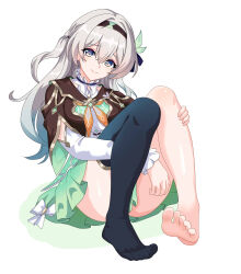 Rule 34 | 1girl, absurdres, aqua dress, aqua thighhighs, blue ribbon, brown hairband, brown jacket, closed mouth, collared dress, cropped jacket, detached sleeves, dress, firefly (honkai: star rail), frilled sleeves, frills, gradient hair, grey hair, hair between eyes, hair intakes, hair ornament, hair ribbon, hairband, highres, honkai: star rail, honkai (series), jacket, long hair, long sleeves, maxwelzy, multicolored hair, neckerchief, orange neckerchief, pleated dress, ribbon, ribbon-trimmed dress, ribbon trim, simple background, single bare foot, single sock, smile, socks, solo, thighhighs, white background, white sleeves