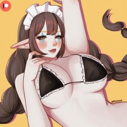 1girl absurdres arm_up artist_name black_bra bra braid breasts brown_eyes brown_hair highres long_hair maid_headdress makeup nyiccco original parted_lips pointy_ears simple_background solo twin_braids underwear upper_body yellow_background