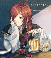 Rule 34 | 1boy, ahoge, black nails, black robe, blurry, blurry foreground, braid, changpao, chinese clothes, closed mouth, commission, earrings, elbow rest, goji berry, hair over one eye, hair over shoulder, head on hand, head rest, herb, highres, holding, holding jar, jar, jewelry, jitome, layered sleeves, long hair, long sleeves, looking at viewer, male focus, mushroom, nail polish, original, robe, satono omo, shirt, short over long sleeves, short sleeves, single braid, skeb commission, sleeves past wrists, smile, solo, table, tassel, tassel earrings, upper body, white shirt