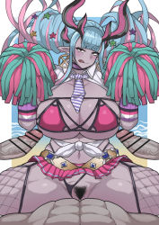 1girl 3boys abs beach bikini bikini_bottom_aside breasts cheerleader cleavage clothing_aside colored_skin cowgirl_position earrings erection fate/grand_order fate_(series) fishnet_thighhighs fishnets girl_on_top gradient_hair grey_skin hetero highres horns huge_breasts ibuki_douji_(fate) ibuki_douji_(swimsuit_berserker)_(fate) ibuki_douji_(swimsuit_berserker)_(second_ascension)_(fate) jewelry long_hair miniskirt monster_girl multicolored_hair multiple_boys naughty_face navel necktie ocean oni oni_horns open_clothes open_shirt penis pink_bikini pink_hair pink_skirt pointy_ears pom_pom_(cheerleading) pov purple_hair red_eyes sex shirt sidelocks skindentation skirt smile stomach straddling striped_neckwear swimsuit thighhighs thong thong_bikini tongue tongue_out twintails two-tone_hair underboob vaginal very_long_hair white_neckwear white_shirt wide_hips yamadare