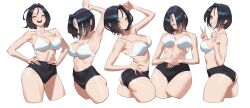 1girl ^_^ absurdres armpits arms_up ass bare_arms black_hair black_panties blue_eyes blush bra breasts cleavage closed_eyes commentary double_v hand_on_own_hip hands_on_own_hips highres large_breasts linea_alba looking_at_viewer open_mouth original panties short_hair simple_background smile stretching symbol-only_commentary teeth thighs underwear upper_teeth_only v white_background white_bra wonbin_lee