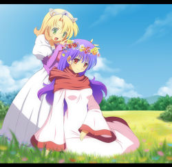 1980s_(style) 2girls bad_id blonde_hair born_free chunsoft cloud crown day dragon_quest dragon_quest_ii dress enix field flower gender_request genderswap grass green_eyes head_wreath letterboxed long_hair multiple_girls oldschool open_mouth orange_eyes princess_of_moonbrook princess_of_samantoria puffy_sleeves purple_hair red_eyes robe short_hair sitting sky smile tiara tree wreath
