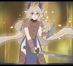 1girl :o ahoge armor bakin_nikab blonde_hair blush breastplate buckler cape commentary cosplay cowboy_shot crucible_knight crucible_knight_(cosplay) elden_ring english_commentary enna_alouette floating_hair greaves head_wings highres holding holding_shield holding_sword holding_weapon long_hair low_twintails multicolored_hair nijisanji nijisanji_en pauldrons purple_eyes shield shoulder_armor solo sword twintails two-tone_hair uchigatana vambraces very_long_hair virtual_youtuber weapon wings