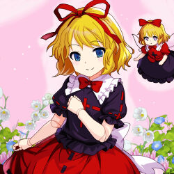2girls black_skirt blonde_hair blue_eyes blue_flower blush bow bubble_skirt doll_joints fairy_wings flower frilled_shirt frilled_shirt_collar frilled_sleeves frills joints lily_of_the_valley looking_at_viewer medicine_melancholy mist9801km multiple_girls puffy_short_sleeves puffy_sleeves red_bow red_ribbon red_shirt red_skirt ribbon shirt short_sleeves skirt smile su-san touhou wings