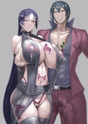 1boy 1girl breast_tattoo breasts bright_pupils bulge chest_tattoo choker closed_eyes earrings erection fate/grand_order fate_(series) formal_clothes groping groping_breast huge_breasts jacket jewelry ky. lactation lactation_through_clothes leg_tattoo long_hair mature_female minamoto_no_raikou_(fate) pink_eyes purple_hair seductive_smile see-through_clothes smile solo_focus stomach_tattoo suit suit_jacket tattoo thighhighs thong very_long_hair white_pupils yan_qing_(fate)
