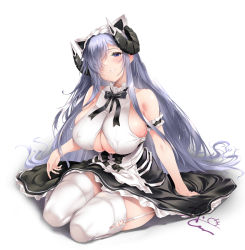 1girl apron august_von_parseval_(azur_lane) august_von_parseval_(the_conquered_unhulde)_(azur_lane) azur_lane bare_shoulders black_skirt blue_eyes blue_hair blush breasts cleavage clothing_cutout curled_horns dress hair_over_one_eye hair_spread_out highres horns huge_breasts long_hair looking_at_viewer mechanical_horns official_alternate_costume oohira_sunset sideboob skirt smile solo thighhighs two-tone_dress underboob_cutout white_apron white_thighhighs