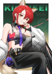 1girl absurdres animal_ear_piercing animal_ears arknights black_nails black_pants chain chain_necklace character_name ear_piercing hair_between_eyes highres jewelry k@bu kichisei_(arknights) looking_at_viewer midriff mole mole_under_eye navel necklace necktie pants piercing purple_necktie red_hair short_hair sitting smile solo tail