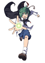 1girl :d antennae black_cape blue_shorts brown_shoes cape collared_shirt commentary_request full_body green_eyes green_hair highres inuno_rakugaki long_sleeves looking_at_viewer open_mouth outstretched_arm running shirt shoes short_hair shorts simple_background smile socks solo teeth tongue touhou white_background white_shirt white_socks wriggle_nightbug