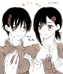 Rule 34 | 1boy, 1girl, ascot, black eyes, black hair, blush, chainsaw man, collared shirt, crying, crying with eyes open, gakuran, hair ornament, hairclip, hat, higashiyama kobeni, higashiyama nobana, highres, holding, holding unworn clothes, holding unworn hat, looking at another, medium hair, mole, mole under eye, mole under mouth, multiple moles, newsboy cap, own hands together, ponytail, raised inner eyebrows, school uniform, shirt, short hair, siblings, simple background, tears, unworn hat, unworn headwear, white background, yukichi (imoko41)