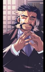 1boy absurdres bara beard black_jacket bookshelf closed_mouth daikoku_(housamo) facial_hair fingernails goatee_stubble highres indoors jacket long_sleeves looking_at_viewer male_focus mature_male necktie one_eye_closed parted_lips purple_necktie ramusyutarou red_eyes short_hair solo stubble tokyo_houkago_summoners upper_body