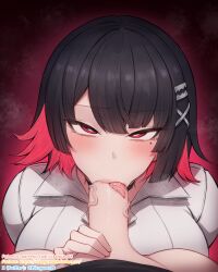 2girls belle_(zenless_zone_zero) black_choker black_hair blush breasts bright_pupils censored choker colored_inner_hair commentary_request ellen_joe ellen_joe_(on_campus) fellatio futa_with_female futanari hair_ornament hand_on_another&#039;s_crotch highres large_breasts looking_at_viewer mole mole_under_eye mosaic_censoring multicolored_hair multiple_girls multiple_moles oral penis pov pov_crotch razor_blade_hair_ornament red_background red_eyes red_hair rikuguma shirt short_hair steam swept_bangs tongue tongue_out two-tone_hair veins veiny_penis white_pupils white_shirt x_hair_ornament zenless_zone_zero