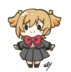 1girl absurdres blonde_hair bow bowtie c: chibi chibi_only closed_mouth commentary daiba_nana full_body grey_jacket grey_skirt highres jacket looking_at_viewer oofushi_ao open_clothes open_jacket outstretched_arms pleated_skirt red_bow red_bowtie school_uniform seishou_music_academy_uniform shirt short_hair shoujo_kageki_revue_starlight signature simple_background skirt smile solo split_mouth twintails v-shaped_eyebrows white_background white_shirt