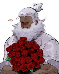 Rule 34 | ..., 1boy, :t, akuma (street fighter), beard, blush, bouquet, closed mouth, collared shirt, dark-skinned male, dark skin, facial hair, flower, full beard, hexermer, highres, holding, holding bouquet, male focus, red flower, red rose, rose, shirt, simple background, solo, speech bubble, spoken ellipsis, street fighter, street fighter 6, white background, white hair, white shirt, wing collar