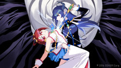 2girls aiguillette alternate_costume arm_around_waist asymmetrical_horns black_jacket blue_hair blue_shorts commentary copyright_notice dasdokter elizabeth_rose_bloodflame english_commentary flower glasses highres holding holding_sword holding_weapon hololive hololive_english horn_flower horns jacket long_skirt looking_at_another looking_at_viewer miniskirt multiple_girls nerissa_ravencroft official_art overskirt pleated_skirt red_eyes red_hair round_eyewear short_shorts shorts skirt sleeveless sleeveless_jacket sword uneven_horns virtual_youtuber weapon white_jacket white_skirt