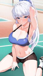 1girl absurdres armpits arms_behind_head ayaka_(genshin_impact) bare_shoulders blue_eyes blue_hair blunt_bangs blush breasts buruma cleavage collarbone genshin_impact hair_ornament hair_ribbon highres large_breasts lessone light_blue_hair long_hair looking_at_viewer midriff mole mole_under_eye navel outdoors parted_lips ponytail ribbon shoes sidelocks sitting socks solo sports_bra thighs tress_ribbon wariza