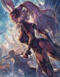 1boy 1girl aircraft airship animal_ears arina_nary armor ass back_cutout balflear blue_sky breasts brown_eyes building city cleavage clothing_cutout dark-skinned_female dark_skin final_fantasy final_fantasy_xii fran_(ff12) from_behind from_below gun hand_on_own_hip light_particles long_hair looking_back medium_breasts over_shoulder ponytail rabbit_ears rifle serious shiny_skin sideboob silver_hair skindentation sky solo_focus standing thighhighs very_long_hair viera weapon weapon_over_shoulder