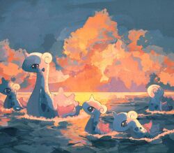 blue_skin cloud cloudy_sky colored_skin gen_1_pokemon lapras lil nintendo no_humans ocean orange_clouds outdoors partially_submerged pokemon shell sky swimming water