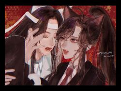 Rule 34 | 2boys, ahoge, alternate costume, animal ears, black border, black hair, black pants, black suit, blue shirt, border, brown eyes, brown hair, cat ears, cat tail, closed eyes, collared shirt, contemporary, couple, eyelashes, fang, fangs, formal clothes, hair ribbon, hand on another&#039;s face, hand on another&#039;s thigh, hand up, headband, highres, knee up, lan wangji, leg grab, long hair, looking at another, male focus, modao zushi, multiple boys, necktie, ojisan rbt, open mouth, outside border, pants, ponytail, red background, red necktie, red ribbon, ribbon, shirt, sidelocks, sitting, suit, tail, twitter username, upper body, wei wuxian, white headband, white necktie, white shirt, white suit, yaoi