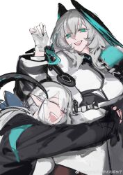 Rule 34 | 2girls, :d, absurdres, aqua eyes, aqua feathers, aqua wings, arknights, artist name, asymmetrical sleeves, belt, belt around waist, between breasts, black belt, black coat, black feathers, black hood, black pantyhose, black scales, black sleeves, black tail, black wings, breasts, chinese commentary, clenched hand, closed eyes, coat, cowboy shot, curvy, doctor (arknights), double-parted bangs, dress, drooling, eyebrows hidden by hair, fang, fang out, fangs, feathered wings, feathers, female doctor (arknights), fingerless gloves, fingernails, gloves, gradient feathers, gradient wings, grey hair, hair between eyes, hand up, head tilt, head wings, highres, ho&#039;olheyak (arknights), hood, hooded coat, huangjin shizi, hug, infection monitor (arknights), large breasts, long coat, long fingernails, long hair, long sleeves, looking at another, looking down, low ponytail, mature female, medium breasts, medium hair, mismatched sleeves, mouth drool, multicolored coat, multicolored wings, multiple girls, nail polish, no ears, nose, o-ring strap, open clothes, open coat, open mouth, pale skin, pantyhose, pencil dress, pointy ears, ponytail, raised eyebrows, saliva, sharp fingernails, shirt, short dress, sidelocks, simple background, smile, snake girl, snake tail, standing, strap between breasts, tail, teeth, thighs, two-tone coat, two-tone feathers, two-tone sleeves, two-tone wings, unfinished, upper body, upper teeth only, very long tail, waist hug, watermark, wavy hair, weibo username, weibo watermark, white background, white coat, white dress, white gloves, white hair, white nails, white shirt, white sleeves, wings, yuri