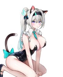 Rule 34 | 1girl, :3, absurdres, animal ears, between breasts, black hairband, black leotard, black ribbon, black shoes, blush, bow, breasts, brown tail, cat ears, cat tail, collar, dana (hapong07), firefly (honkai: star rail), gradient eyes, green bow, green necktie, green pupils, grey hair, hair between eyes, hair intakes, hair ornament, hair ribbon, hairband, highres, honkai: star rail, honkai (series), kneeling, large breasts, leotard, long hair, multicolored eyes, necktie, necktie between breasts, ponytail, ribbon, shoes, solo, strapless, strapless leotard, sweatdrop, tail, tail bow, tail ornament, white collar