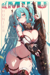 1girl bare_shoulders black_panties blue_eyes blue_hair breasts character_name cleavage cowboy_shot facial_mark hatsune_miku holding holding_sword holding_weapon large_breasts long_hair mitsu_(mitsu_art) number_tattoo panties shoulder_tattoo simple_background solo strapless sword tattoo tube_top twintails underwear very_long_hair vocaloid weapon white_panties white_tube_top