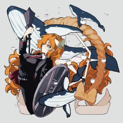 Rule 34 | 1girl, belt, black jacket, black pants, black suit, black vest, bow, collared shirt, formal clothes, freckles, from side, hair bow, hairband, highres, holding, holding shield, holding weapon, ishmael (project moon), jacket, lapels, limbus company, long hair, nakame77, necktie, orange hair, pants, profile, project moon, red necktie, rope, shield, shirt, solo, suit, very long hair, vest, weapon, whale, white shirt