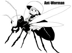 1girl ant ant-man_(movie) bowl bowl_hat bug closed_mouth commentary_request full_body greyscale hat insect japanese_clothes kimono looking_at_viewer marvel marvel_cinematic_universe monochrome onikobe_rin reins short_hair simple_background smile solo sukuna_shinmyoumaru touhou traditional_media