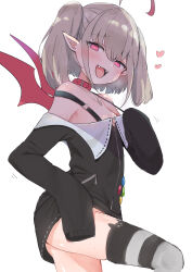 1girl absurdres ahoge animal_ear_legwear badge bare_shoulders belt_collar black_jacket black_skirt black_thighhighs blush breasts button_badge cat_ear_legwear cleavage collar cowboy_shot demon_wings dyed_ahoge fangs from_side grey_hair hair_between_eyes hand_on_own_thigh heart heart-shaped_pupils highres jacket jewelry knee_up looking_at_viewer makaino_ririmu makaino_ririmu_(2nd_costume) medium_hair miniskirt multicolored_hair necklace nijisanji off-shoulder_jacket off_shoulder open_mouth pointy_ears raised_eyebrow red_collar red_eyes red_hair red_wings seductive_smile sidelocks simple_background skirt sleeves_past_fingers sleeves_past_wrists small_breasts smile solo strap_pull strap_slip streaked_hair striped_clothes striped_thighhighs sweat sweatdrop symbol-shaped_pupils tacosu09 thighhighs twintails virtual_youtuber white_background white_thighhighs wings zettai_ryouiki zipper zipper_pull_tab