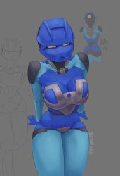 1girl ? ?? absurdres artist_name bionicle breasts cleavage commentary english_commentary from_above gali_(bionicle) grey_background highres humanoid_robot invisible_chair looking_at_viewer medium_breasts multiple_views neoruke orange_eyes robot sitting solo_focus the_lego_group