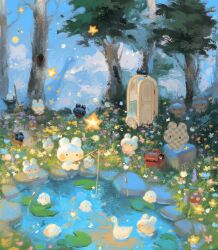 animal bag bird blue_sky cloud day duck field fishing fishing_rod flower grass gummy_(happyyu) highres holding holding_fishing_rod lily_pad nature no_humans original outdoors plant pond rabbit reflection rock scenery sitting sky star_(symbol) tree water