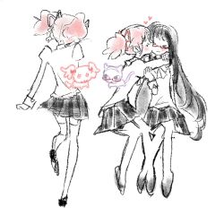 Rule 34 | 2girls, akemi homura, animalization, cat, ch3cake, closed eyes, couple, dog, highres, hug, invisible chair, kaname madoka, kiss, long hair, mahou shoujo madoka magica, mahou shoujo madoka magica (anime), mitakihara school uniform, multiple girls, person and animalization, pink hair, puffy sleeves, red-framed eyewear, school uniform, short twintails, sitting, spot color, standing, standing on one leg, thighhighs, twintails, yuri