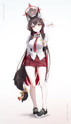 Rule 34 | 1girl, absurdres, animal ear fluff, animal ears, bag, black bag, black choker, black hair, black shoes, blue archive, blush, bow, breasts, bucho sama, choker, closed mouth, colored inner hair, finger gun, fingernails, fox ears, fox girl, fox tail, hair bow, hand in pocket, highres, holding, holding bag, large breasts, long fingernails, long hair, looking at viewer, multicolored hair, necktie, pencil skirt, red hair, red necktie, red skirt, school uniform, shirt, shoes, sidelocks, skirt, smile, sneakers, solo, tail, tail bow, tail ornament, two-tone hair, wakamo (blue archive), white shirt, yellow bow, yellow eyes