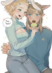 1boy 1girl animal_ear_hairband animal_ears blonde_hair blue_eyes blue_shirt blue_sweater braid breasts candy cleavage cleavage_cutout clothing_cutout collar commentary couple crown_braid fake_animal_ears fake_tail food green_eyes grey_pants hair_ornament hairband hairclip hand_on_another&#039;s_shoulder hetero highres holding holding_candy holding_food holding_lollipop lap_pillow link lollipop nintendo open_mouth pants pointy_ears princess_zelda rabbit_ear_hairband rabbit_ears rabbit_tail shirt speech_bubble spiked_collar spikes sweater symbol-only_commentary tail the_legend_of_zelda the_legend_of_zelda:_tears_of_the_kingdom triforce triforce_print zeldm