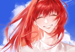 1girl absurdres aozaki_aoko blue_sky closed_eyes cloud day floating_hair highres long_hair outdoors portrait pppeipeipipi shirt sky smile solo tsukihime white_shirt
