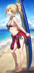 1girl anklet barefoot beach bikini black_bikini blonde_hair blue_sky braid breasts cleavage clothes_around_waist collarbone fate/apocrypha fate_(series) feet full_body green_eyes half_up_braid heel_up highres jacket jacket_around_waist jewelry legs long_hair looking_at_viewer mordred_(fate) mordred_(fate/apocrypha) navel open_mouth parted_bangs ponytail red_jacket revision shore sidelocks sky small_breasts smile solo surfboard swimsuit toenails toes tonee