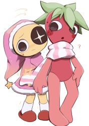 2boys ? arrow_(symbol) astro_(dandy&#039;s_world) black_eyes blush_stickers chibi chibi_only colored_skin covering_with_blanket dandy&#039;s_world food freckles fruit full_body green_hair hat height_difference highres k2s2kv male_focus multiple_boys nightcap roblox scarf shy socks sprout_(dandy&#039;s_world) strawberry striped_clothes striped_scarf white_socks