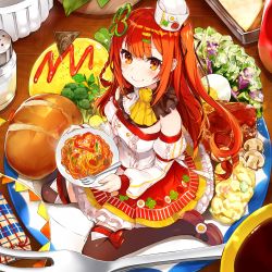 1girl ascot bare_shoulders black_thighhighs blush braid bread brown_shoes buttons chef_hat detached_sleeves egg_(food) female_focus flag food food-themed_clothes food-themed_hair_ornament fork frilled_shirt frilled_skirt frills from_above full_body hair_ornament hairclip hairpin hamburger_steak hardboiled_egg hat heart holding holding_plate in_food kagome_(brand) ketchup long_hair long_sleeves looking_at_viewer mary_janes mika_pikazo mini_hat mini_person minigirl mushroom napoli-tan official_art omelet omurice orange_eyes oversized_food oversized_object pasta pennant personification petticoat plate red_hair red_skirt salad salt_shaker shirt shoes side_braid sitting skirt smile solo spaghetti strapless thighhighs very_long_hair wariza zettai_ryouiki