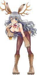 1girl alcohol animal_hands animal_nose antlers artist_request bare_shoulders black_leotard blue_eyes blush bow bowtie breasts brown_pantyhose cleavage cup detached_collar fishnet_pantyhose fishnets full_body game_cg grey_hair hair_between_eyes holding holding_cup horns jackalope_girl kalolo_(monster_musume) large_breasts leotard long_hair looking_at_viewer monster_girl monster_musume_no_iru_nichijou monster_musume_no_iru_nichijou_online official_art one_eye_closed pantyhose playboy_bunny rabbit_girl rabbit_paws rabbit_tail red_bow red_bowtie solo tachi-e tail whiskey