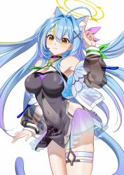 1girl absurdres animal_ear_fluff animal_ears bare_shoulders blue_hair breasts cat_ears cat_girl cleavage cybermyth godsoul gradient_hair hair_ornament halo highres multicolored_hair navel non-web_source orange_eyes purple_hair rebelliongodsoul see-through_clothes solo streaked_hair tail x_hair_ornament
