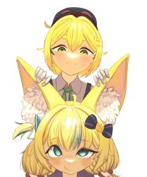 Rule 34 | 2girls, absurdres, ahoge, animal ear fluff, animal ears, blonde hair, bow, dooby (vtuber), gloves, hair bow, hair ornament, highres, indie virtual youtuber, kgi illus, light blush, multicolored hair, multiple girls, sameko saba, smile, streaked hair, thick eyebrows, virtual youtuber, white gloves