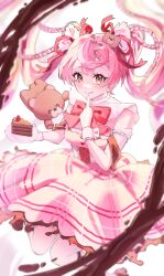 1girl :q absurdres bear_hair_ornament bow breasts cake cake_slice chocolate commentary corset dress finger_to_mouth floating_hair food fruit hair_ornament highres holding holding_plate kisaragi_shu looking_at_viewer orange_eyes original pink_bow pink_dress pink_hair pink_nails pink_shoes plate shoes signature sleeveless sleeveless_dress smile solo strawberry stuffed_animal stuffed_toy symbol-only_commentary teddy_bear tongue tongue_out valentine white_corset