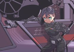 1girl animification asymmetrical_hair black_gloves black_hair commentary english_commentary gloves green_eyes highres insignia interceptor jarv looking_at_viewer pilot_suit scar smile solo spacecraft star_(sky) star_wars suspenders_hanging tie_interceptor undercut