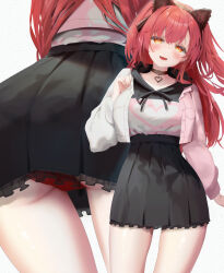 1girl absurdres animal_ear_hairband animal_ears ass black_hoodie black_skirt blush breasts cat_ear_hairband cat_earrings cat_ears earrings fake_animal_ears fangs gusha_s hairband head_tilt heart highres hood hoodie jacket jewelry lace_hairband large_breasts long_hair long_sleeves looking_at_viewer miniskirt multicolored_jacket nekota_tsuna nekota_tsuna_(2nd_costume) open_clothes open_jacket open_mouth orange_eyes panties pantyshot pendant_collar pink_jacket pleated_skirt print_hoodie red_hair red_panties simple_background skirt smile two-tone_jacket underwear virtual_youtuber vspo! white_background white_jacket zoom_layer