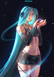 1girl absurdres adapted_costume alternate_costume aqua_eyes aqua_hair aqua_nails arm_tattoo artist_name black_skirt black_sleeves closed_mouth commentary cowboy_shot detached_sleeves forehead hair_down hair_over_one_eye hands_up hatsune_miku headphones headset highres long_hair long_sleeves microphone microskirt midriff misa_mi number_tattoo skirt sleeveless solo straight_hair tattoo very_long_hair vocaloid