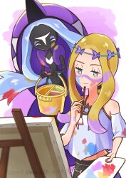 1girl arutarika_(ri_kaoekaki) bare_shoulders blonde_hair bucket dated detached_sleeves gen_7_pokemon grey_eyes highres holding holding_bucket holding_paintbrush jewelry legendary_pokemon long_hair mina_(pokemon) mina_(sygna_suit)_(pokemon) necklace nintendo official_alternate_costume paint paint_on_clothes paint_palette paint_splatter paint_splatter_on_face paintbrush painting_(action) painting_(object) pokemon pokemon_(creature) pokemon_masters_ex shirt smile tapu_fini upper_body white_shirt